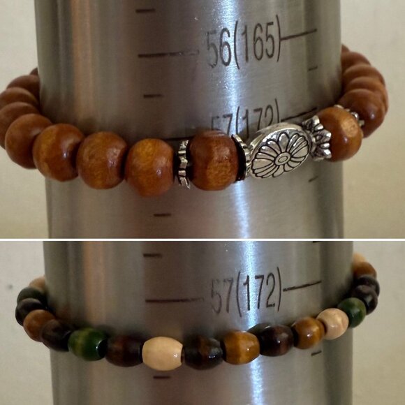 Set Of 5 Wooden Beaded Stretch Bracelets Mixed Natural Colors Bohemian Jewelry - Picture 5 of 8